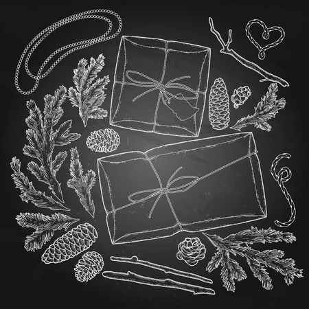 Collection of gift package drawn in line art style. Vector design elements isolated on the chalkboard.のイラスト素材