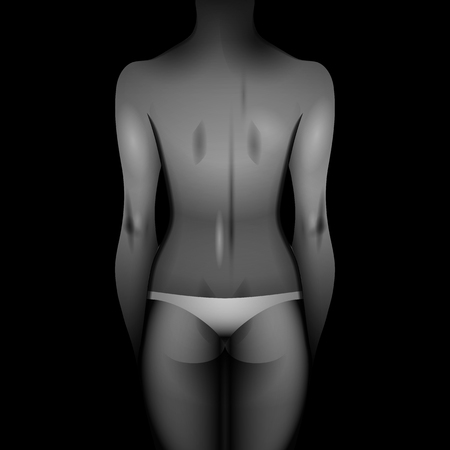 Woman body in white lingerie. Back view. Vector template for tattoo design isolated on black background in gray colorsのイラスト素材