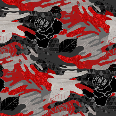 Abstract rose seamless pattern. Trendy fabric design in red and dark colors.のイラスト素材
