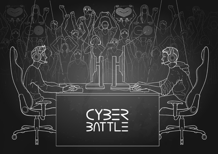 Two computer players sitting at the table opposite each other with a crowd of cheering fans on the background. Side view.のイラスト素材