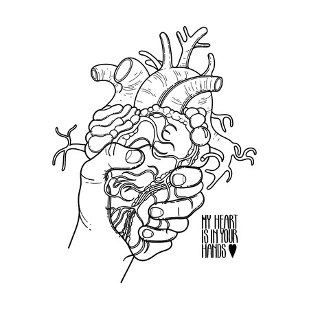 Graphic hand grasping human heart. Vector card isolated on the white background. Coloring book page design for adults and kids. Tattoo artのイラスト素材