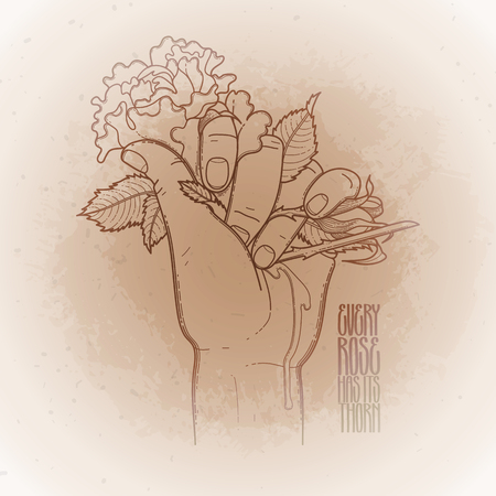 Graphic bleeding hand grasping wild rose. Vector card isolated on vintage background in ocher colors.のイラスト素材