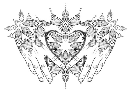 Graphic hands folded in the shape of heart. Mehndi isolated on the white background. Coloring book page design for adults and kids. Tattoo artのイラスト素材