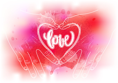 Graphic hands folded in the shape of heart. Illustration isolated on the white background in red and purple colorsのイラスト素材