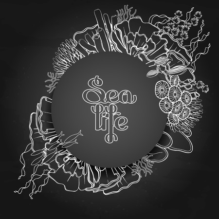 Graphic aquarium fish with coral reef drawn in line art style. Vector card isolated on the chalkboard.のイラスト素材