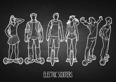 Graphic people riding on electric scootersのイラスト素材