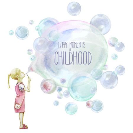 Little girl blowing soup bubblesのイラスト素材