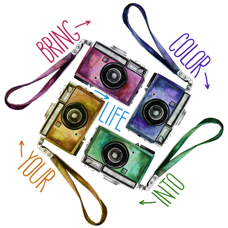 Watercolor set of multicolor vintage reflex camerasのイラスト素材