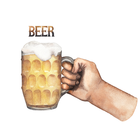 Watercolor hand holding pint of beer. Hand painted illustration isolated on white backgroundの写真素材