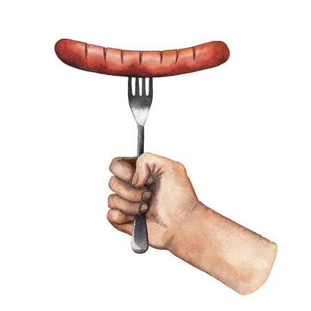Watercolor hand and fork with sausageの写真素材