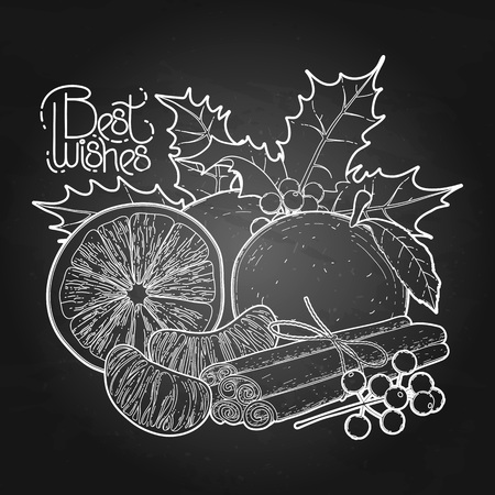 Graphic oranges decorated with holly plants and cinnamon.のイラスト素材