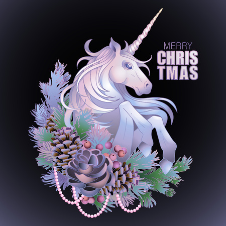 Cute design with pastel colored unicorn with coniferous decorations. Vector elegant design isolated on white backgroundのイラスト素材