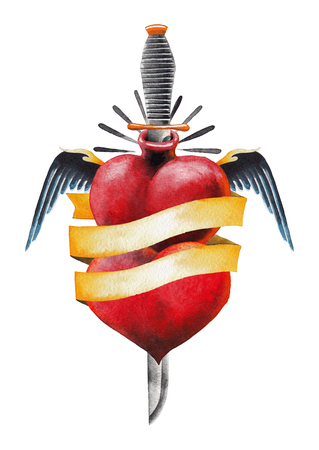 Watercolor winged heart with knife and ribbonの写真素材