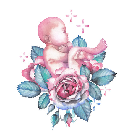 Watercolor child surrounded by roses and sparklesの写真素材