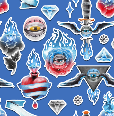 Watercolor old school patternの写真素材