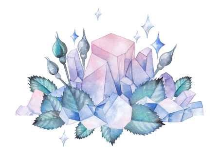 Watercolor design with crystals and leavesの写真素材