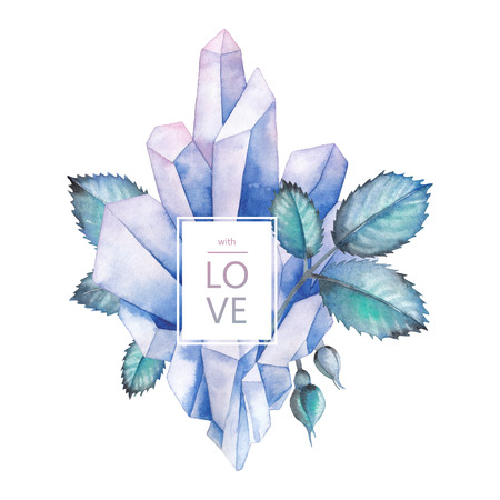 Watercolor crystal and rose leavesの写真素材