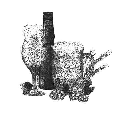 Two graphic glasses of beer and bottle decorated with malts and hops.Vector alcoholic beverages drawn in stippling techniqueのイラスト素材