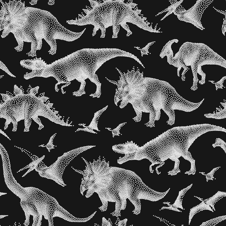 Graphic collection of dinosaurs drawn in stippling technique. Vector seamless patternのイラスト素材