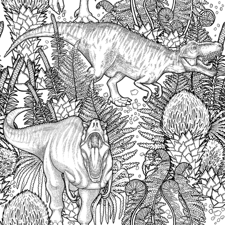 Graphic Tyrannosaurus Rex decorated surrounded by prehistoric plants. Vector seamless pattern with dinosaurs drawn in engraving technique. Coloring book page design. Predator of the jurassic ageのイラスト素材