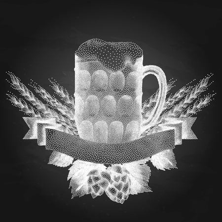 Graphic pint of beer decorated with ribbon, malts and hops. Vector alcoholic beverage drawn in stippling techniqueのイラスト素材
