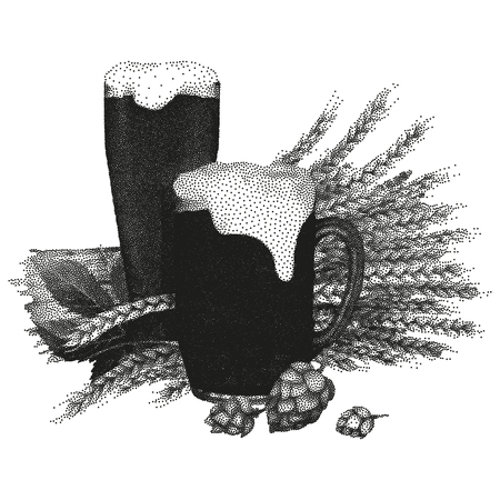 Two different graphic glasses of dark beer decorated with malt bunch and hops. Vector alcoholic beverages drawn in stippling techniqueのイラスト素材