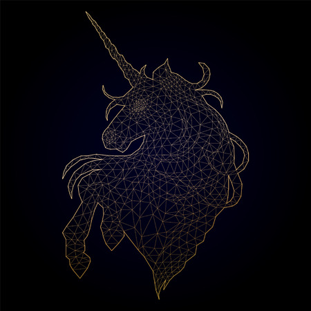 Cute graphic unicorn made of polygonal mesh. Vector fantasy art in golden colorsのイラスト素材