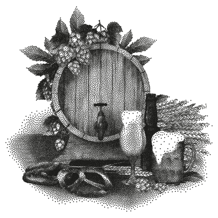 Graphic design of barrel of beer decorated with hops, malt bunch, two types of beer, brown bottle and pretzels. Vector oktoberfest design in stippling techniqueのイラスト素材