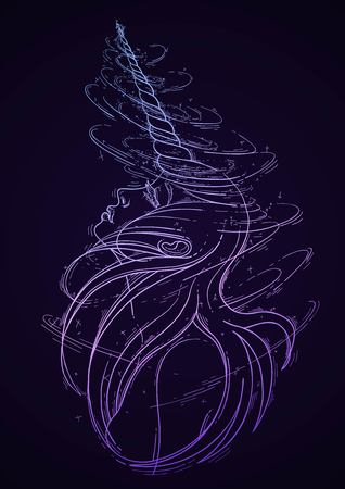 Graphic design of unicorn girl with long hairs surrounded by magic. Vector fantasy artのイラスト素材