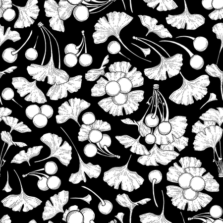 Collection of graphic ginkgo biloba leaves and berries. Vector natural seamless pattern drawn in engraving technique. Coloring book page designのイラスト素材