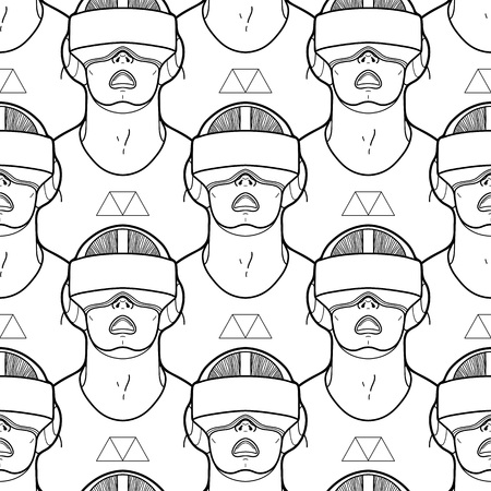 Graphic man with open mouth wearing virtual reality headset. VR glasses. Vector seamless pattern. Coloring book page design for adults and kidsのイラスト素材