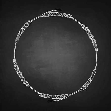 Graphic malt wreath isolated on the blackboard background. Vintage vector design with cereals drawn in engraving techniqueのイラスト素材
