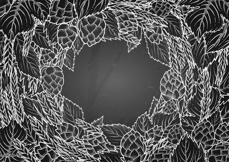 Vintage card made of hops and malts isolated on the blackboard background. Vector graphic design drawn in engraving techniqueのイラスト素材