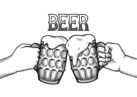 Two graphic hands holding pints of beer. Vintage vector illustration isolated on white background drawn in engraving technique. Coloring book pageのイラスト素材