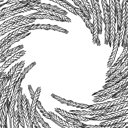 Graphic malt circular design. Vintage vector card with cereals drawn in engraving technique. Coloring book pageのイラスト素材