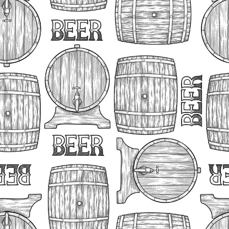 Graphic barrels of beer in the front and side views. Vintage vector seamless pattern drawn in engraving technique. Coloring book pageのイラスト素材