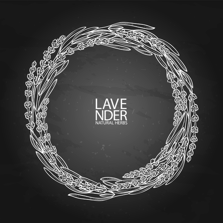 Graphic lavender wreath. Vector provencal herbs isolated on the chalkboard backgroundのイラスト素材