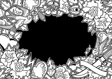 Graphic design inspired by old school tattoo style. Vector traditional art. Coloring book page for adults and kidsのイラスト素材