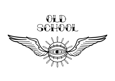 Graphic winged all-seeing eye. Vector art for old school tattoo design isolated on white background. Coloring book page for adults and kidsのイラスト素材
