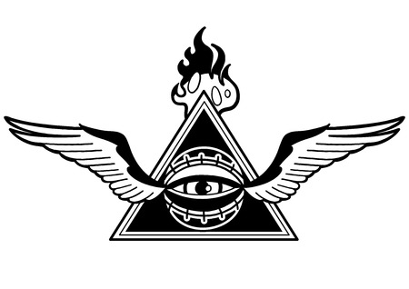 Graphic winged all-seeing eye with black falming triangle on background. Vector art for old school tattoo designのイラスト素材