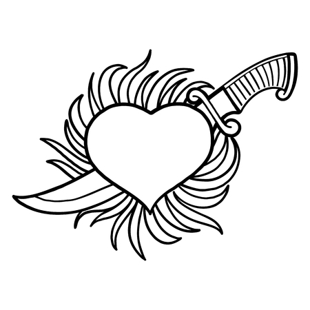 Graphic heart pierced by metal knife with fire flames on background. Vector art for old school tattoo design. Coloring book page for adults and kidsのイラスト素材