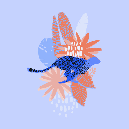 Vector graphic cheetah surrounded by exotic plantsのイラスト素材