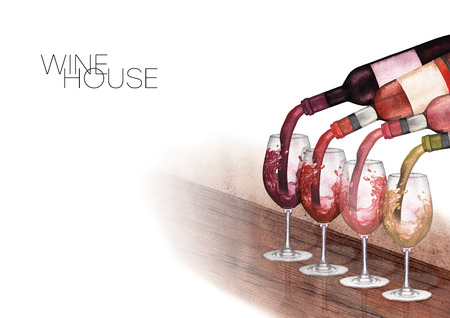 Watercolor red, white and rose wines pouring from bottles into glasses standing on a wooden tableの写真素材