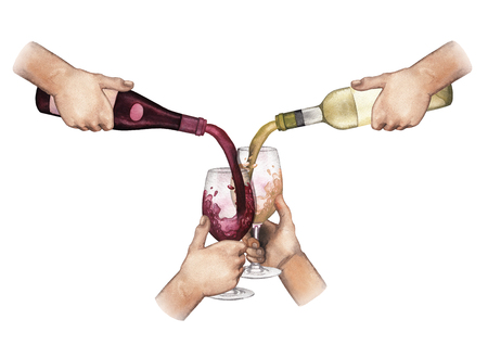 Watercolor hands pouring red and white wines from bottles into glasses.の写真素材