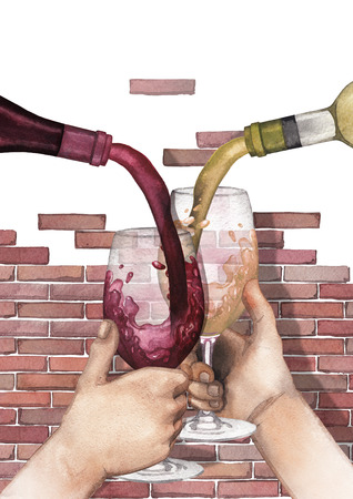 Watercolor red and white wines pouring from a bottles into glasses holding in hands.の写真素材