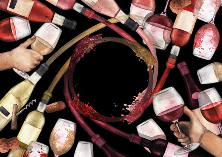 Watercolor glasses and bottles with red white and rose wine splashing out of it.の写真素材