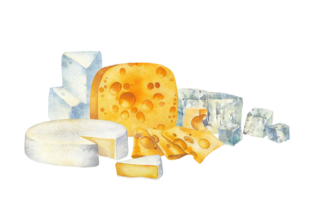 Watercolor design witn different types of cheeseの写真素材