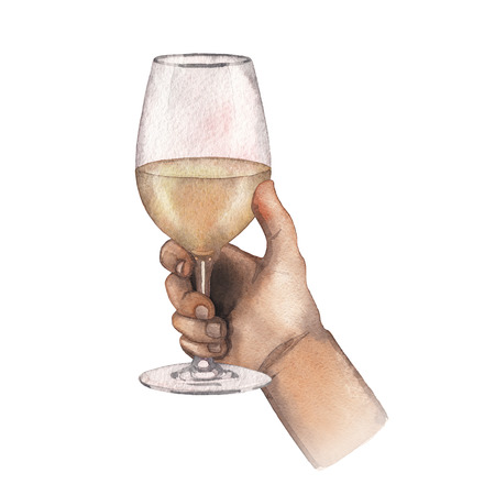 Watercolor hand holding glass of white wine isolated on white backgroundの写真素材