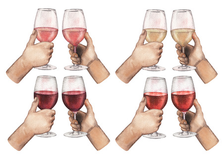 Collection of watercolor hands holding red, white and rose wine glasses.の写真素材