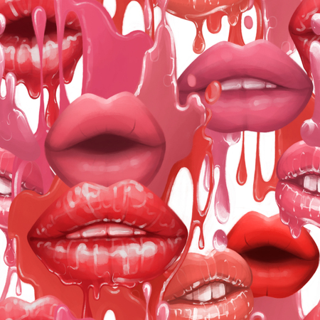 Realistic mouths with flowing matte and glossy lipsticks decorated with liquid paintsの写真素材